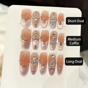 Handmade Press On Nails Pink Cat Eye Rhinestones Luxury Christmas Tree Heart Star Manicure For Women Sweet Style