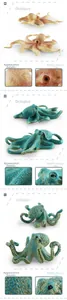 Detailed view of realistic octopus figurines showing varied skin textures and colors