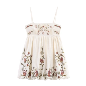 Women Off White Cotton Mini Camisole Dress Floral Embroidery Bubble Hem Vacation Bohemian Sweet Chic Sleeveless