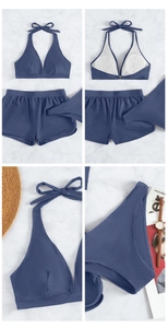 Detailed view of deep blue three-piece bikini set with halter top and athletic shorts