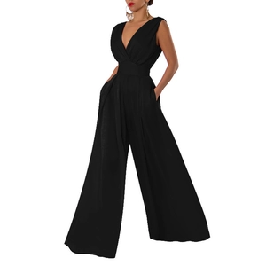Detail view of a black sleeveless V-neck jumpsuit with a high waist and wide-leg trousers