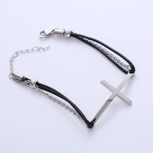 Cross charm double-layer woven bracelet with silver metal cross and black leather cord