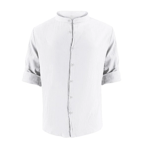 Detail of white cotton linen long sleeve shirt featuring a mandarin collar and buttons