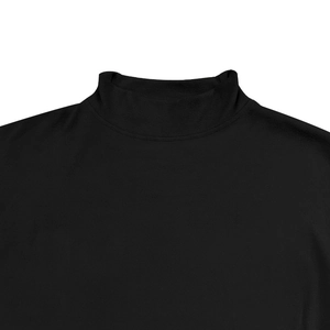 Close-up of the semi-high collar stitching and thick thermal velvet texture of a black tee