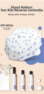 Detail of floral reverse umbrella showing 8-bone and 10-bone frame for UPF 50+ protection