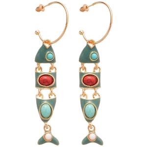 Vintage C-shaped fish tassel earrings with colorful enamel and gemstone accents