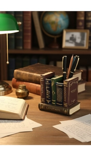 Detailed macro view of vintage book-shaped resin pen holder with classic embossed spines