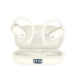 OWS open-ear wireless bluetooth earbuds with digital LED charging case in ivory white