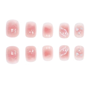 Pink shell sea wave press-on nails with marble texture, gold foil, and pearl accents
