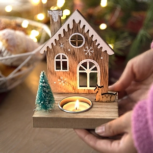 Handheld wooden Christmas candle holder with reindeer and house silhouette decor