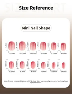 Detailed size guide for 24pcs pink gradient press on nails with mini shape measurements