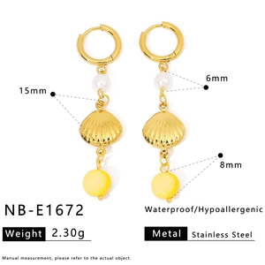 Waterproof stainless steel drop earrings with seashell, starfish and pearl charms in 18K gold