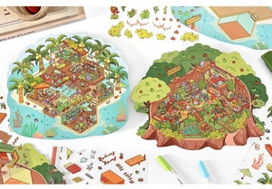 Flat lay of colorful cottage scenery stickers with island resort and tree house themes