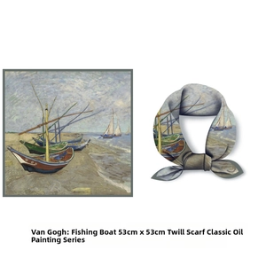 Détail de l'imprimé Van Gogh Bateaux de pêche sur foulard carré en soie sergé 53cm