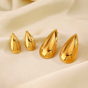 Polished 18K gold stainless steel teardrop earrings in small and large sizes on satin