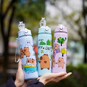 Cute Cartoon Capybara Plastic Water Bottle With Straw And Carry Strap Portable One Click Lid Leakproof For Kids Students