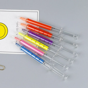 Set of 6 colorful syringe-shaped highlighters for creative stationery and office use