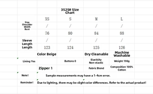 Detailed size chart for beige cotton midi dress showing bust and length measurements