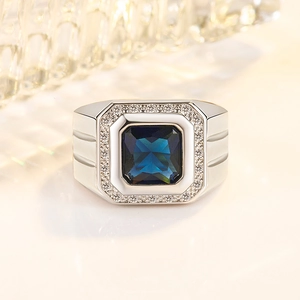 Men Square Blue Crystal Ring Copper Micro Pave Cubic Zirconia White Gold Plated Business Fashion Signet Ring