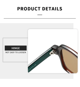 Detail view of durable metal hinges and size specs on dark green square sunglasses