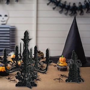 3D black glitter Halloween candlestick ornament for spooky party table centerpiece decor