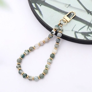 Natural stone beaded phone lanyard with green moss agate beads and gold lobster clasp