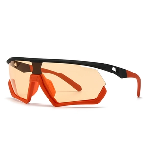 Oversized retro sports sunglasses with bright orange frame and one-piece shield lens