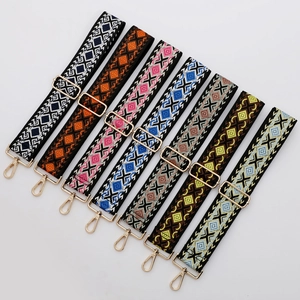 Ethnic style woven canvas bag straps with diamond embroidery and gold metal hooks