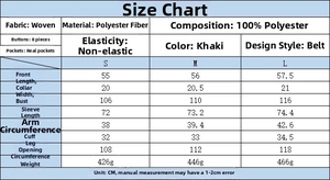 Detailed size chart for vintage khaki double-breasted cropped trench coat with measurements