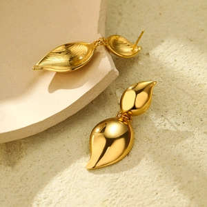 Polished 18K gold leaf teardrop earrings for women in elegant minimalist style