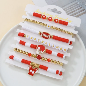 Detailed set of 7 red, white, and gold football-themed bracelets with football charms