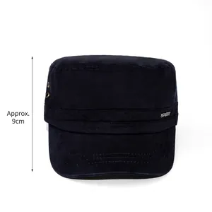 Classic black flat top military cap in washed cotton with 9cm deep fit and side eyelets