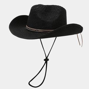 Detail of black straw cowboy hat featuring textured weave and decorative sequin band