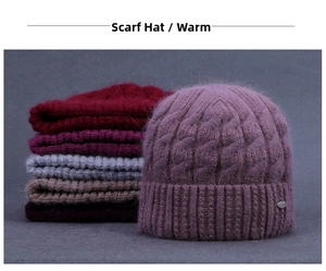 Close-up of thick knitted winter hats with plush texture and decorative metal label