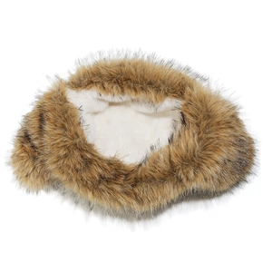Detail view of winter earflap hat featuring faux fox fur texture and soft white fleece lining