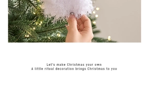 Close-up of a white plush Christmas angel ornament hanging on a festive green tree