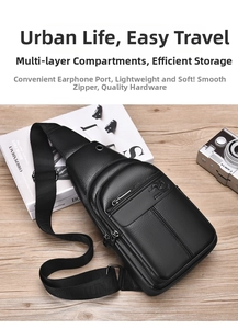 Detail view of leather sling bag with headphone jack and metal zipper on wooden surface