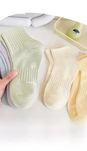 Close-up of pastel colored cotton socks featuring high elastic non-slip cuffs
