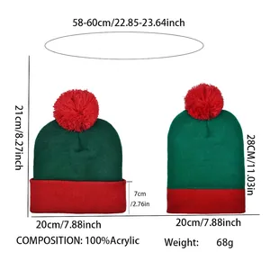 Knitted Christmas beanie with red pompom and size chart showing 58-60cm circumference