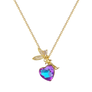 Gold angel fairy necklace with a purple blue gradient heart crystal and rhinestones