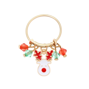 Christmas reindeer pendant ring with gold finish and colorful crystal beads on white background
