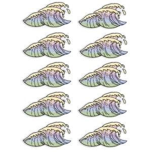 Detail showing 10-piece gradient wave embroidery patches with fine stitching and textures