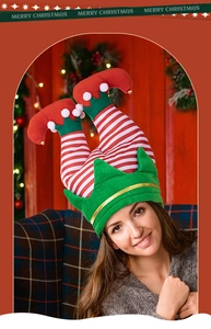 Detail of Christmas elf pants hat featuring red and green plush fabric and bells
