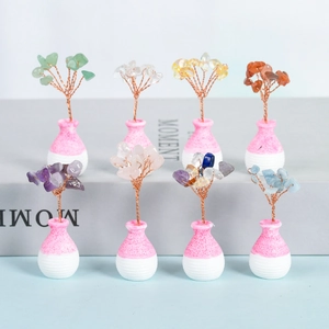 Mini Crystal Money Tree Desktop Ornament Natural Stone Copper Wire Ceramic Base Bonsai For Office Home Decor Gift