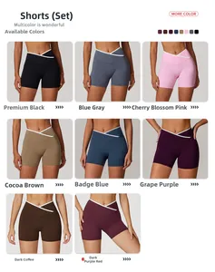 Detail view of women's high-waisted crossover gym shorts in eight various color options