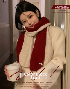 Detail of red and cream knit scarf showing thick texture and stylish label patch