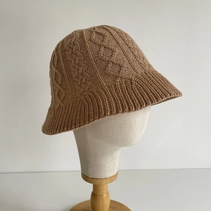 Breathable cotton linen knitted bucket hat for women in camel with twist cable patterns