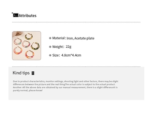 Detail showing acetate leopard print C-shape earrings with size and weight specs