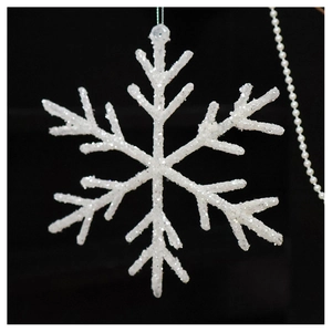 Detail of white sparkling snowflake Christmas ornament with glitter texture on black background