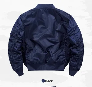 Back view of a navy blue flight bomber jacket with ruched sleeves and satin finish nylon
